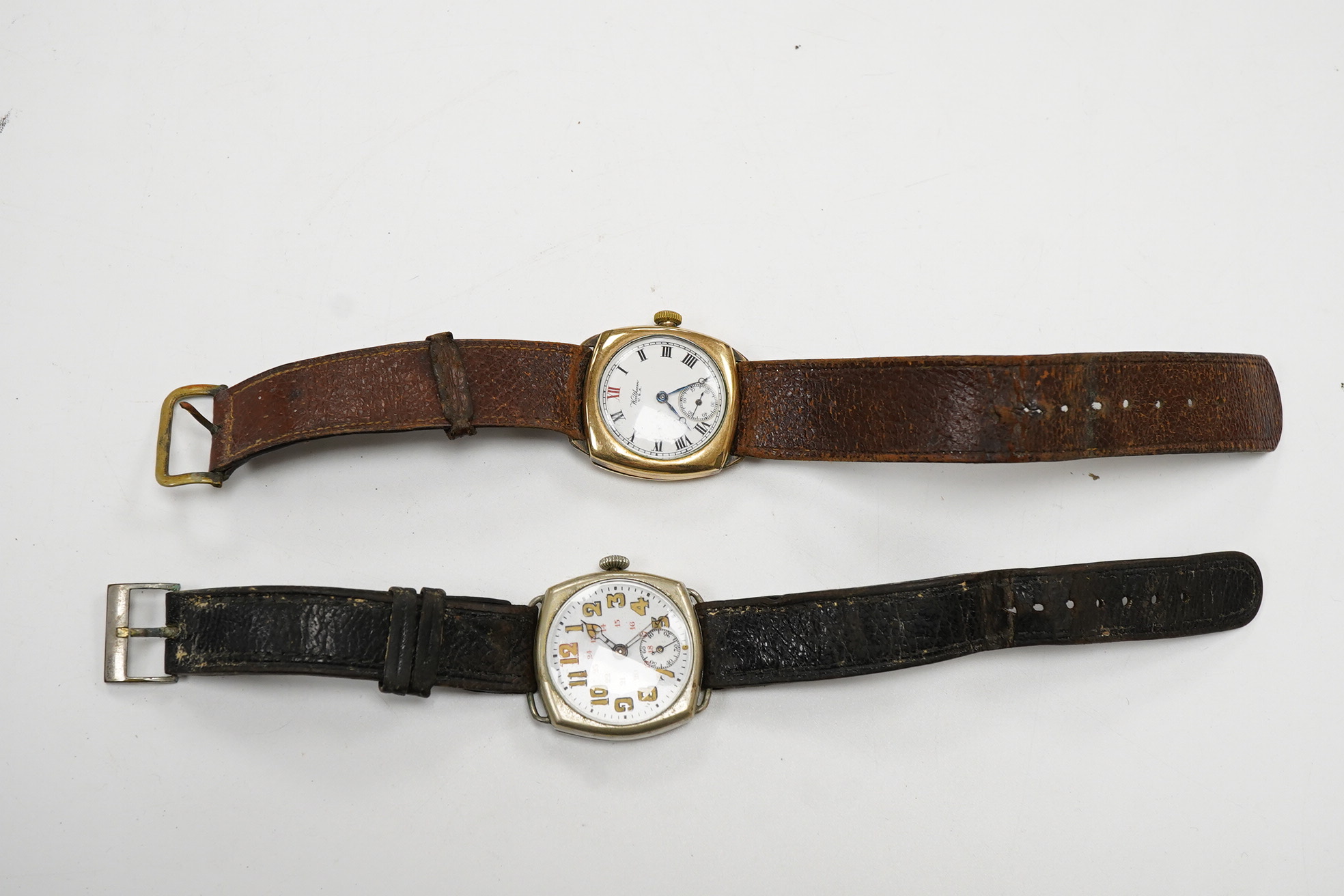 A gentleman's 1930's/1940's gold plated Waltham manual wind wrist watch, with Roman dial and subsidiary seconds, case diameter 30mm, together with a similar nickel cased manual wind wrist watch, with Arabic dial and subs